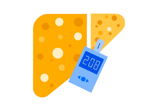 An illustration of a liver with cirrhosis. It is yellow with darker and lighter spots. A blue glucometer (blood sugar reader) is in front of the liver, with the number "208" on the screen, indicating high blood sugar.