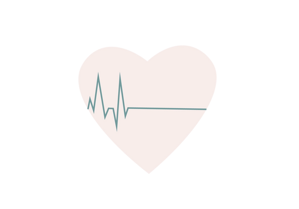 Ein rosafarbenes Herz, durch das eine dunkelgrüne EKG-Linie verläuft. Die Linie verläuft auf halber Höhe flach.