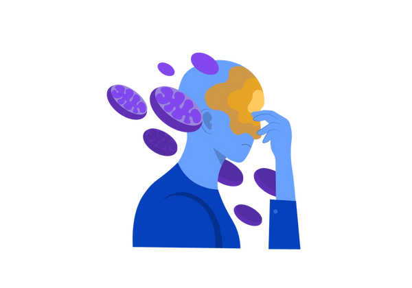 An illustration of a person from the side. Their skin is blue and their hand is resting on their forehead. Their forehead is yellow and splotchy. Purple disc shapes surround their head. They are wearing a blue long sleeved t shirt.