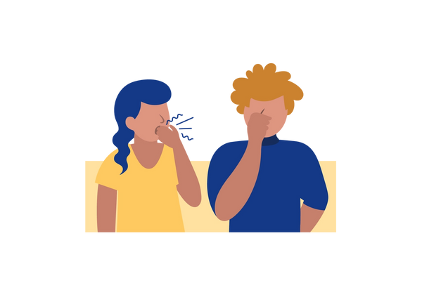 An illustration of two people side by side from the waist up. The woman on the left has medium peach-toned skin and blue curly hair and is covering her open mouth with her left hand. Blue lines and squiggles come out of her mouth. She is wearing a yellow short-sleeved t-shirt. The man on the right is covering his mouth and nose, he has the same skin tone as the woman and has short, curly, red hair. He is wearing a dark blue turtleneck short-sleeved shirt. The background is a light yellow rectangle at the bottom of the image up to just under their shoulders.