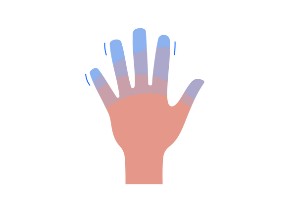 Hand mit einem blauen Farbverlauf, der an den Fingerspitzen beginnt und zur Handfläche hin heller wird. Drei Schauerlinien umgeben die Finger.