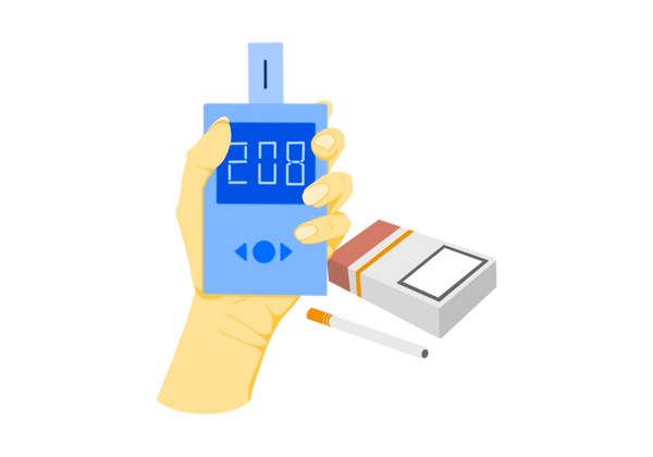 An illustration of a hand holding a blue glucometer, or blood sugar monitor, in front of a pack of cigarettes with a loose cigarette lying next to the box. The person's hand is yellow, the glucometer is blue and reads "208," and the box of cigarettes is white with a red top and a gold strip across it. The cigarette has an orange filter.
