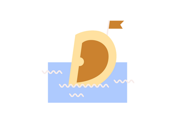 Uma orelha amarela flutuando na água, com uma bandeira, como um navio.