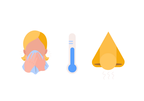 Un ensemble de trois illustrations consécutives. La première représente une femme qui se mouche, la seconde est un thermomètre à mercure rose et bleu, la troisième est un gros plan d'un nez.