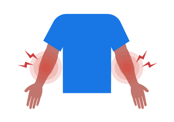 Ein Torso in einem blauen Kurzarmhemd. Die Arme sind seitlich ausgestreckt und von beiden Unterarmen gehen rote konzentrische Kreise und rote Blitze aus.