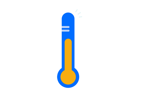 Fieber – Ein blaues Thermometer mit gelber Flüssigkeit und zwei hellblauen Messlinien oben links am Thermometer.