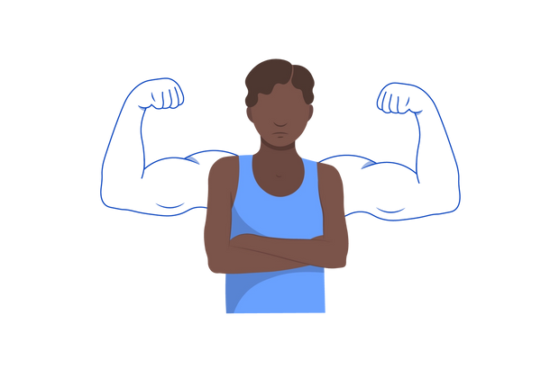 An illustration of a frowning man with his arms crossed in front of him. His upper arms are small. Blue outlines of two large flexed arms extend from where his shoulders are. He is wearing a light blue tank top and has dark brown curly hair.