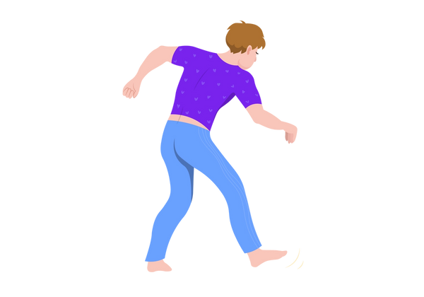 An illustration of a person from the back at a slight angle. Their arms are splayed out to the sides, and they are taking an irregular step. They are slightly hunched over. They are wearing blue pants and a purple short sleeved t shirt, and they have short auburn hair.