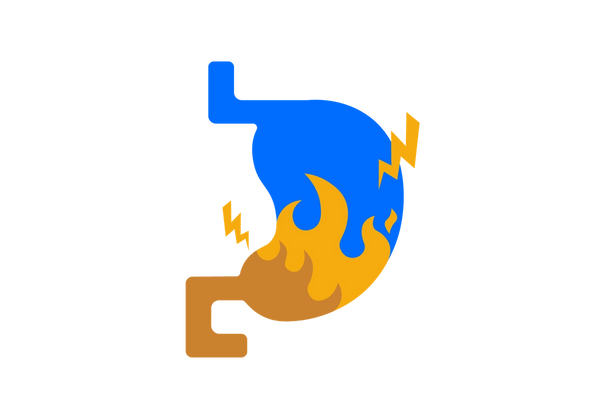 Estómago azul con llamas anaranjadas consumiendo la porción inferior. Rayos amarillos rodean las llamas.