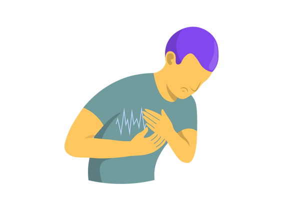 Um homem carrancudo vestindo uma camisa verde se inclina para frente. Suas mãos estão no peito. Há uma linha de eletrocardiograma azul clara sobre seu coração.