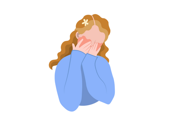Ilustração de uma mulher cobrindo o rosto com as mãos. Suas bochechas estão vermelhas sob os dedos. Ela tem cabelos castanhos claros longos e ondulados e usa um suéter azul de mangas compridas e uma presilha de flores no cabelo.