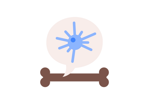 A brown bone with a light pink speech bubble coming from it. A light blue cell is inside the speech bubble.