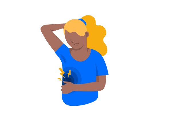 Femme fronçant les sourcils avec une main sur la tête et l'autre sur le côté. Des cercles concentriques bleus et des éclairs jaunes émanent de l'endroit où sa main est placée.