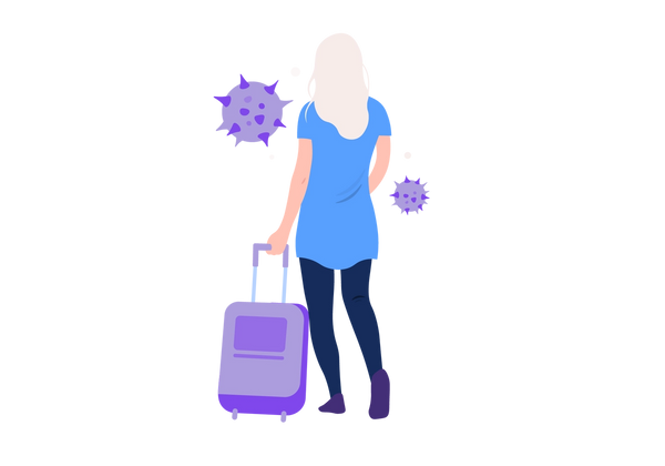 An illustration of a woman facing away, rolling a purple suitcase behind her. Two purple viruses float next to her.
