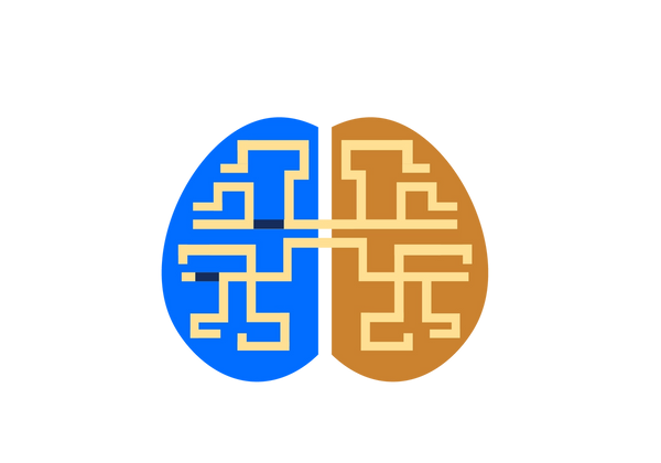 Um cérebro com a metade esquerda azul e a metade direita laranja escuro. Tubos amarelos em zigue-zague preenchem ambos os lados. Dois dos segmentos do lado esquerdo estão enegrecidos.