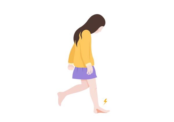An illustration of a woman taking a step from a side angle. She looks down at her light peach-toned foot, which has a darker pink blotch in the arch of the foot emitting a yellow lightning bolt. She has long brown hair and is wearing a yellow sweatshirt with a purple short pleated skirt.