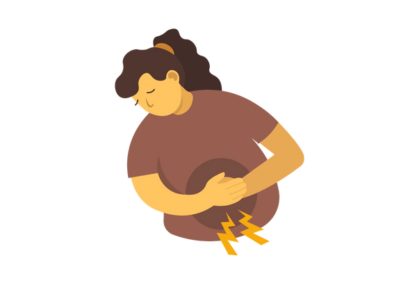 An illustration of a woman bent over with her hands over her abdomen. A dark brown spot is on her stomach underneath her hands. Two yellow lightning bolts come out from the circle, showing pain. The woman has her long dark brown curly hair in a ponytail and is wearing a lighter brown t-shirt.