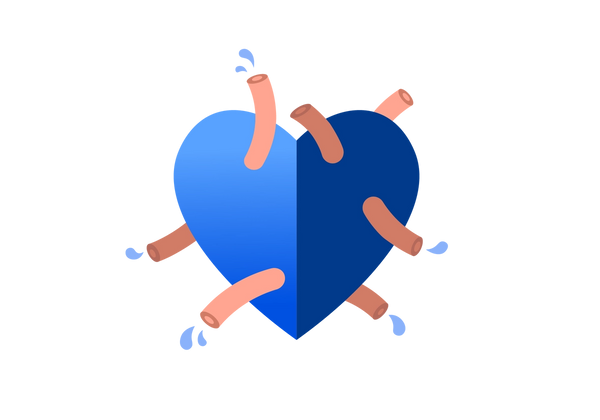 Ein in der Mitte geteiltes Herz. Die linke Seite ist mittelblau und die rechte Seite ist dunkelblau. Aus dem Herzen kommen rosafarbene Röhren, aus denen hellblaue Tropfen austreten.
