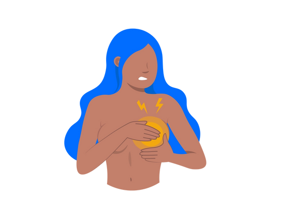 Grimassierende Frau mit langen blauen Haaren und den Händen auf der linken Brust. Gelbe konzentrische Kreise gehen strahlenförmig von der Brust aus und zwei gelbe Blitze gehen von ihr aus.