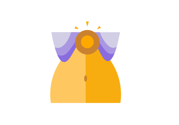Una ilustración de un torso inferior amarillo y un área de la cadera. La parte inferior de las costillas son de color púrpura. Un círculo amarillo está en el medio del torso, debajo de los frotamientos. Del círculo salen tres triángulos amarillos.