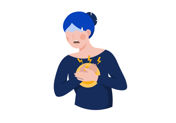 Uma mulher parecendo angustiada, vestindo uma camisa azul marinho. Suas mãos estão cruzadas sobre o coração, e círculos concêntricos amarelos e relâmpagos emanam de suas mãos. Uma gota de suor escorre de sua testa.
