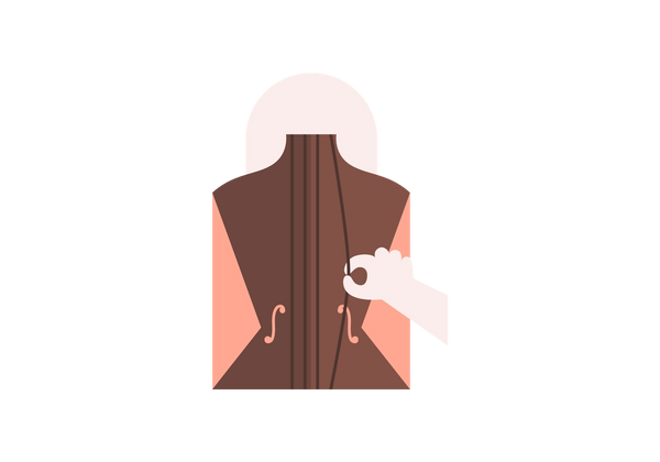 A person's back shaped like a violin. A hand plucks on one of the strings on the violin, showing the stiffness on the back.