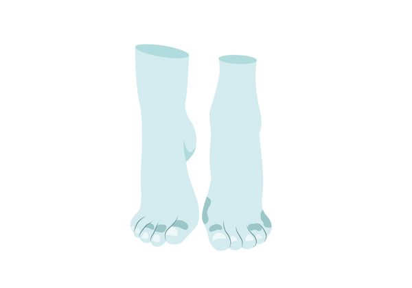Uma ilustração de dois pés verde-claros com dedos no chão. Existem manchas mais escuras ao redor dos dedos dos pés e as unhas têm um tom muito claro de verde.