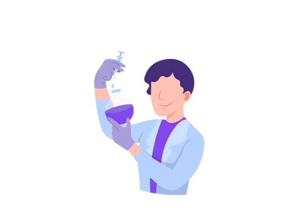 Una ilustración de un científico arrojando líquido de una jeringa a un vaso de precipitados lleno de líquido púrpura. El científico lleva una bata de laboratorio azul claro, una camisa morada y guantes morados claros. El está sonriendo.