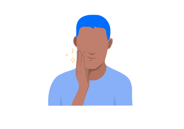 An illustration of a man holding his jaw in his hand. There are small yellow music notes by his jaw to represent clicking. The man is wearing a light blue t-shirt and has short medium blue hair.