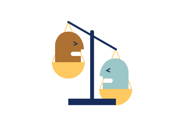 An illustration of a simple dark blue scale with a yellow bowl hanging from each side. The scale is tilted from the top left corner towards the bottom right corner. There is a side profile of a brown head with an open mouth and squinting eye in the left basket facing towards the center. The same is on the right, with a light green head instead, lower to the ground.