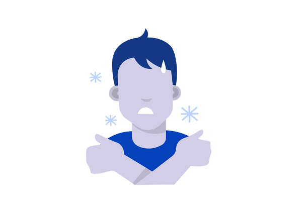 Calafrios corporais - Um homem com frio, com as mãos em volta dos ombros. Flocos de neve rodeiam sua cabeça.