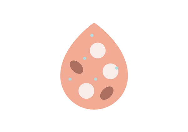 Uma ilustração de uma gota de sangue vermelho claro. Existem algumas formas ovais e círculos dentro da gota em rosa claro, vermelho escuro e pequenos círculos em verde claro.