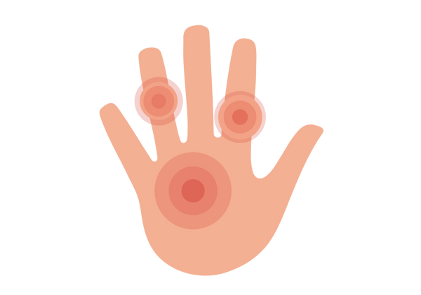 Uma mão com círculos concêntricos rosados emanando da palma, do dedo anular e do dedo indicador.