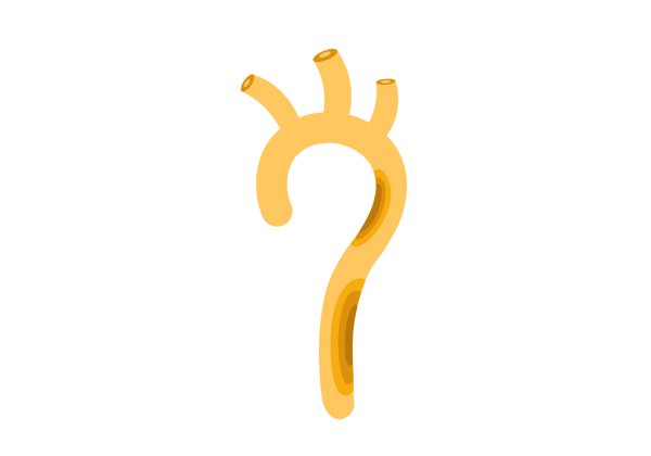 A yellow question mark-shaped tube with darker brown spots on it. Three tubes extend from the top.