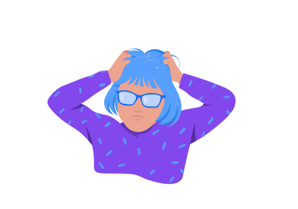 An illustration of a frowning woman scratching her head. There are white spots in her short blue hair, showing lice and lice eggs. The woman is wearing blue glasses and a purple long-sleeved shirt with blue spots.