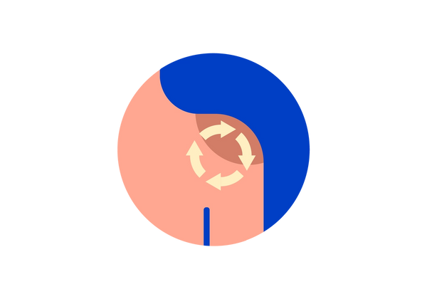 Shoulder with four arrows making a circle on top of it. It is within a dark blue circle.
