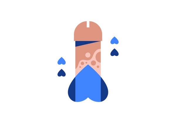 Uma ilustração de um pênis escroto ereto. O pênis é irregular e descolorido para um rosa mais escuro. O escroto é azul escuro. Existem dois conjuntos de corações azuis invertidos em cada lado do pênis.