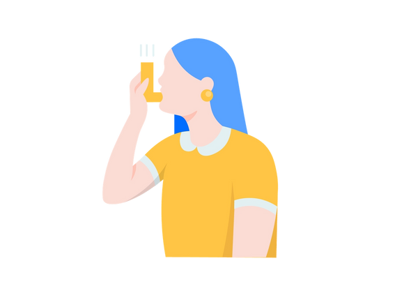 A woman with blue hair and yellow shirt using an inhaler