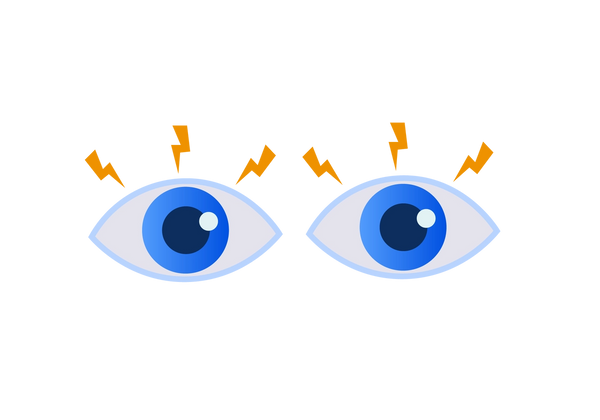 Uma ilustração de dois olhos. Os contornos são azuis claros. As íris são azuis médias com pupilas azuis escuras. Três relâmpagos amarelos emanam do topo de cada olho.