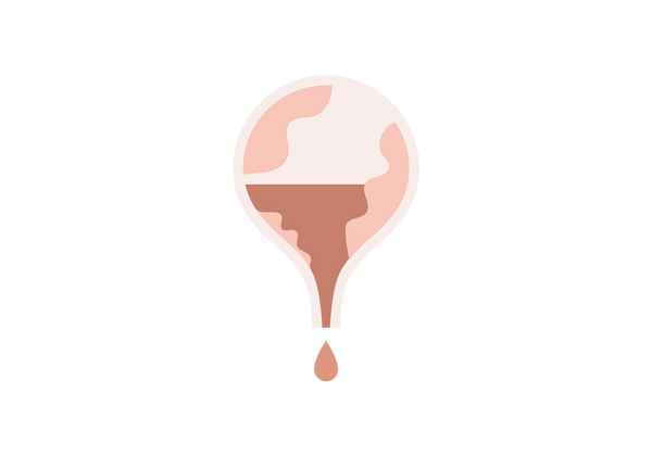 An illustration of a light pink bladder with red inside of it. A red drop drips from the bottom.