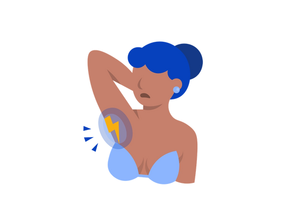 Eine Frau mit erhobenem Arm. Auf ihrer Achselhöhle befindet sich ein Blitzsymbol, das Schmerz symbolisiert.