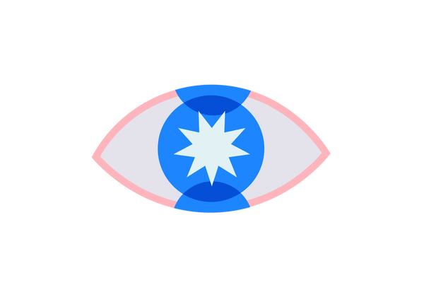 Eine Illustration eines Auges mit rosa Umriss. Die Iris ist blau mit einem spitzen Blitz in der Mitte. Zwei blaue Halbkreise überlappen teilweise die Iris von der Ober- und Unterseite des Auges.