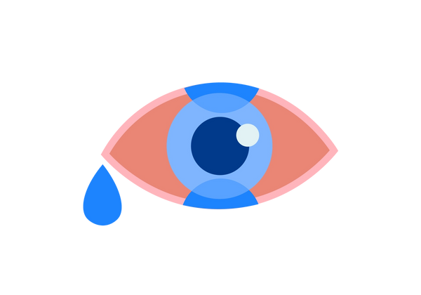An illustration of a red eye with a lighter red outline. The iris is light blue, the pupil is dark blue. Medium blue half circles overlap the top and bottom of the eye and a blue tear drips from the left corner of the eye.