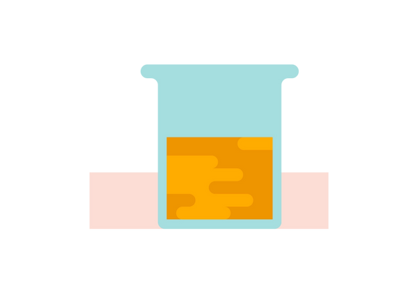 An illustration of a green sample cup halfway full of yellow and brown urine. A light pink rectangle is the background.