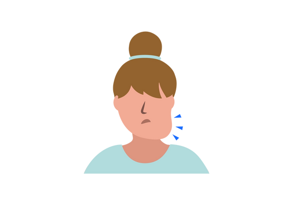 An illustration of a woman from the shoulders up with her left cheek bulging out and three blue triangles coming from the bulge. She is frowning, she has light peach-toned skin and light brown hair tied up in a bun with a light green hairtie that matches her t-shirt.