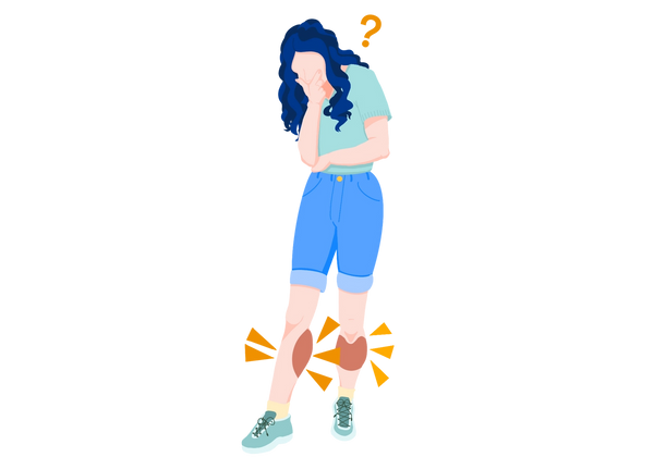 An illustration of a woman with her hand on her chin looking confused at her swollen calves. The leg on the left is stuck out in front of her for her to examine, and red spots spread across her calves. Yellow triangles emphasize the swollen areas. A yellow question mark is next to her head. She has long curly dark blue hair and is wearing a light green t-shirt tucked into cuffed jean short with yellow socks and green sneakers.