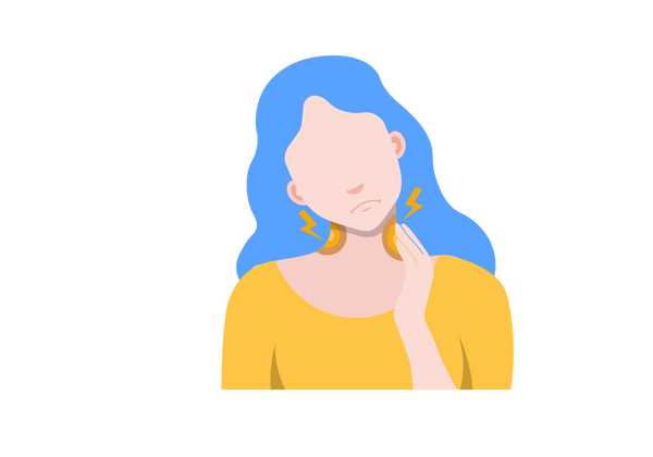 Eine Illustration einer stirnrunzelnden Frau mit geneigtem Kopf, die sich den Hals reibt. Zwei gelbe Flecken strahlen gelbe Blitze am Hals aus, um Lymphknotenschmerzen anzuzeigen. Das Haar der Frau ist blau und ihr Hemd ist gelb.