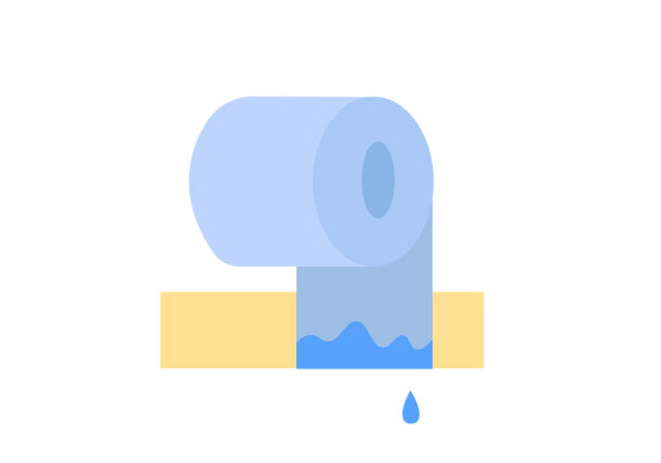 Eine blaue Rolle Toilettenpapier, aus der Wasser tropft, mit einem gelben Rechteck dahinter.