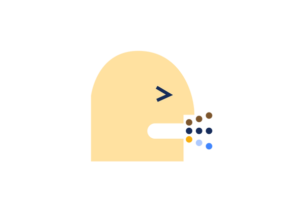 Illustration d’une tête de profil latérale jaune tournée vers la droite. L'œil est plissé et la bouche est ouverte, trois lignes de trois points chacune sortent de la bouche. La ligne du haut est marron, celle du milieu noire et celle du bas jaune, bleu clair et bleu moyen.