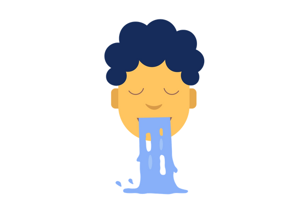 Une personne aux cheveux courts bleu foncé vomit du vomi bleu clair.
